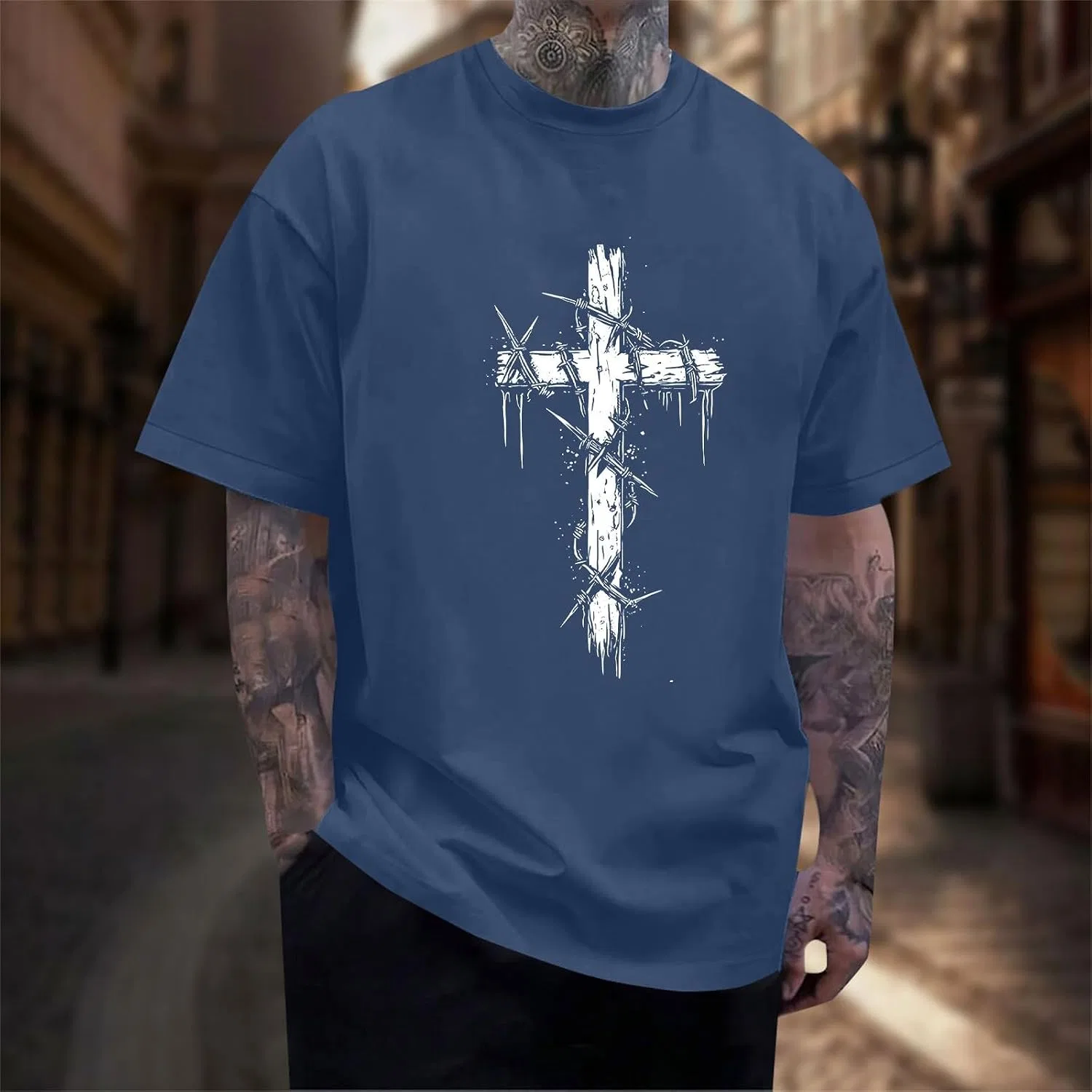 Мужская футболка с принтом креста, Regular Fit, Navy — фото 2