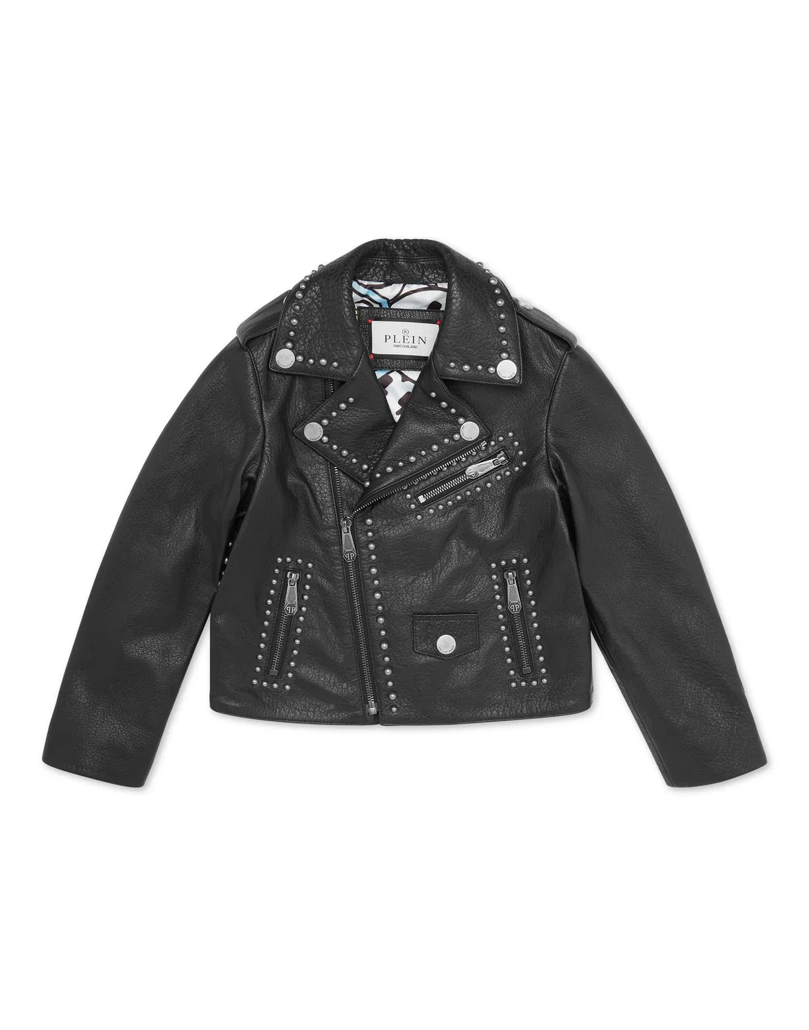 Детская кожаная куртка-косуха с асимметричной молнией Leather Biker Jacket Smile PHILIPP PLEIN, черный