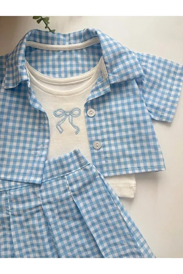 Детский комплект для новорожденных хлопковый Gingham shirt & badi & skirt 3-piece set Bobby Baby, Blue — фото 2