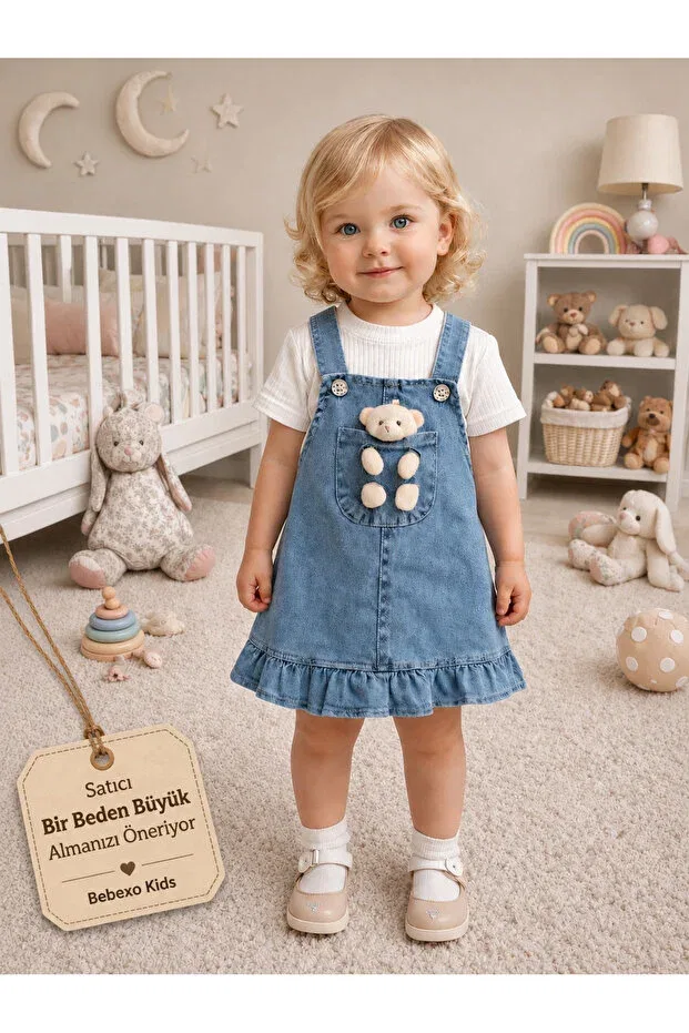 Детский комплект для девочек джинсовый с принтом Teddy Bear Ruffle Denim Dress Striped Short Sleeve Bodysuit 2-Piece Set Bebexo Kids, Blue