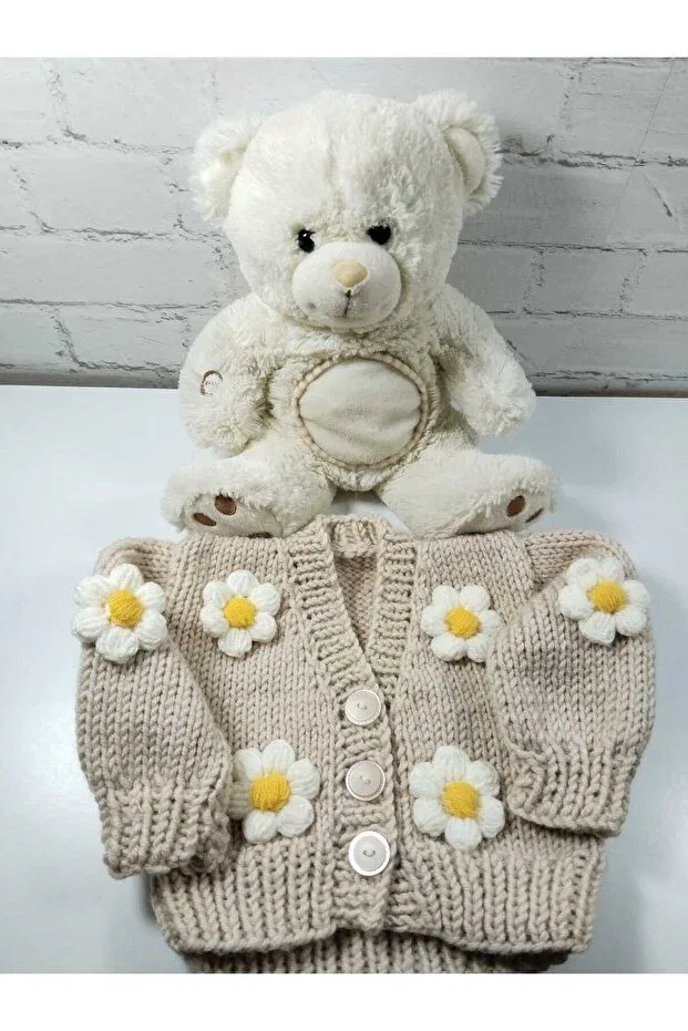 Детский кардиган для девочек с цветочным принтом Papatyal hand knitted El Örgüsü, Beige — фото 2