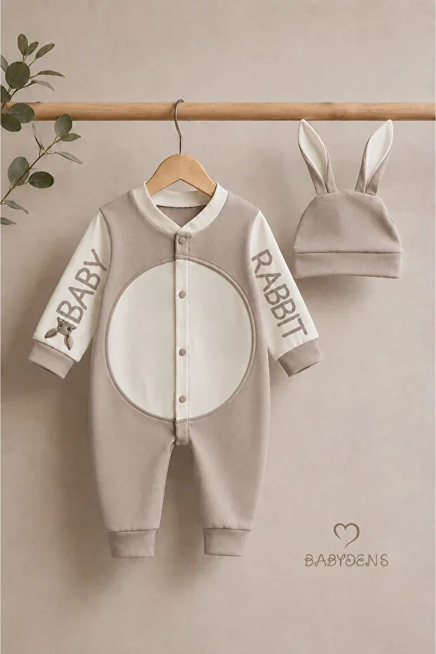 Детский комбинезон-боди с длинным рукавом с принтом Rabbit Ear Newborn Romper Set Babyden'S, Beige — фото 3