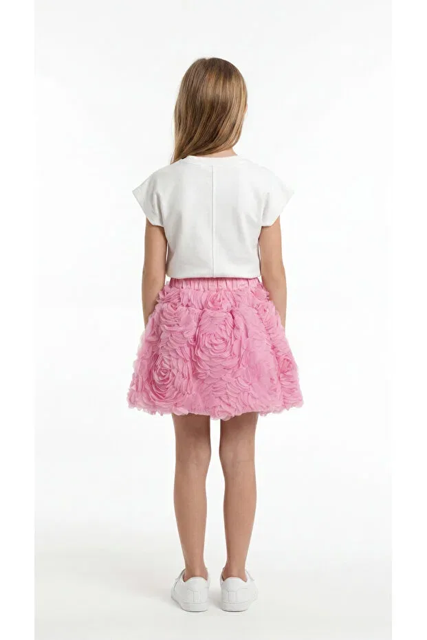 Детский комплект для девочек с принтом Rose girl's t-shirt and skirt set Mışıl Kids, Ecru-Pink — фото 4