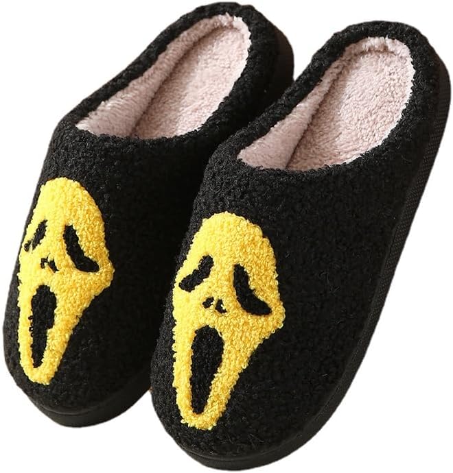 

Домашние плюшевые тапочки с черепом на Хэллоуин для мужчин и женщин, с мягкой подошвой и противоскользящей основой, уютные теплые тапочки с лицом призрака Fswinder, желтый