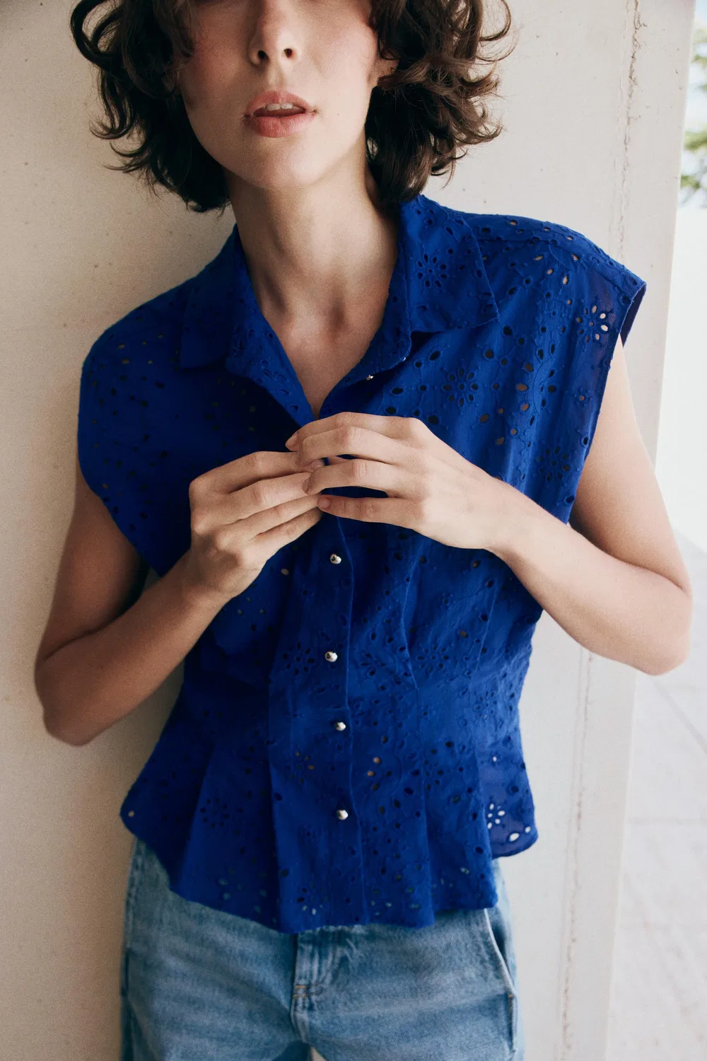 Топ с ажурной вышивкой ZARA, Cobalt — фото 3