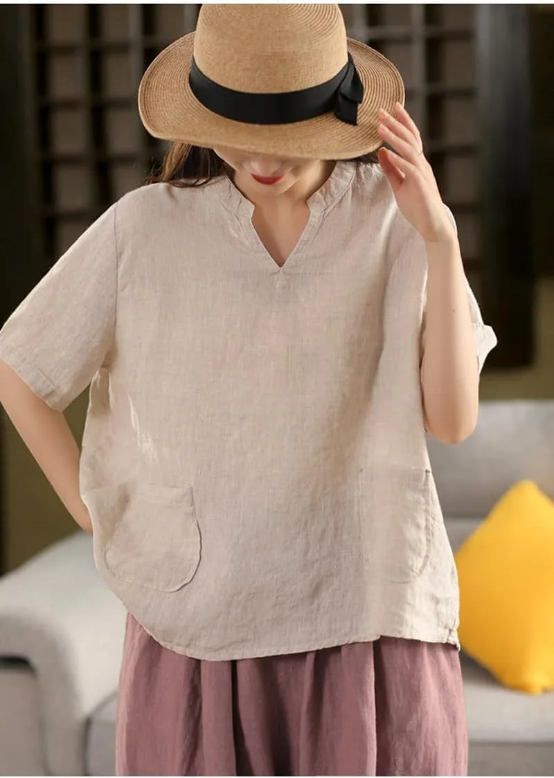 

Женская футболка из 100% натурального льна, V-образный вырез, короткий рукав fengbaoyu