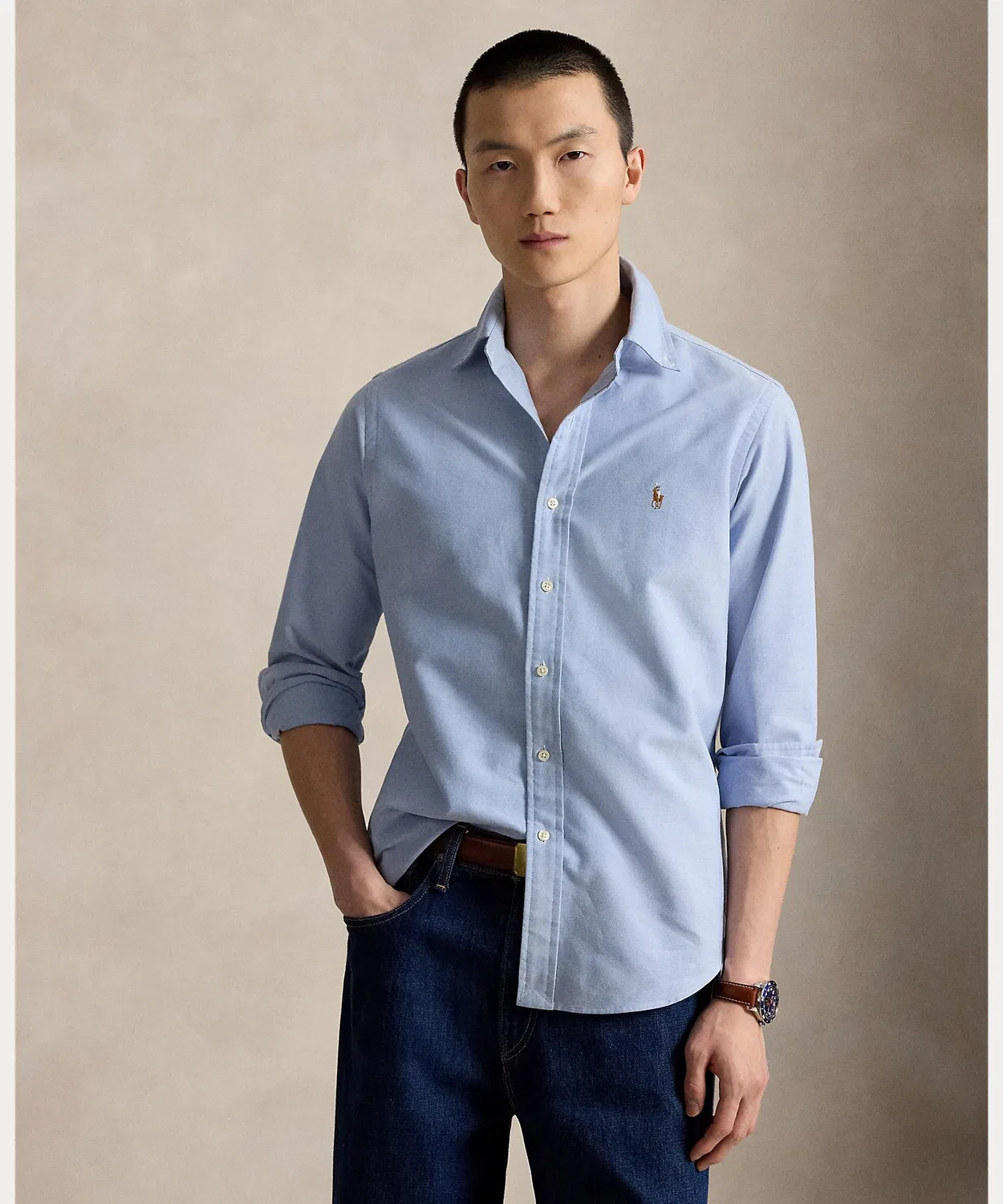 Мужская рубашка оксфорд с длинным рукавомклассический короткий крой POLO RALPH LAUREN, Blue