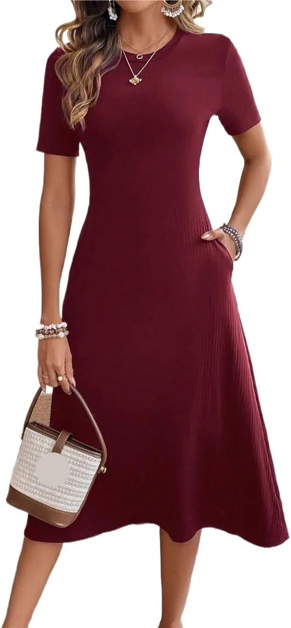 Женское повседневное платье миди A-силуэта Rib Knit, Burgundy