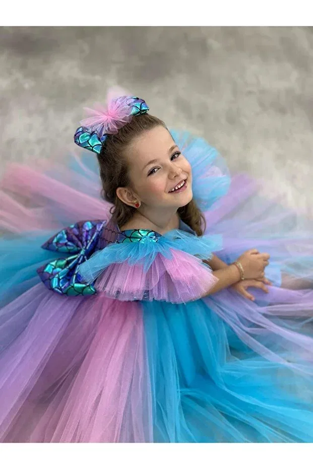 Детское платье для девочек с принтом Mermaid birthday dress Pumpido, Lilac Blue Pink