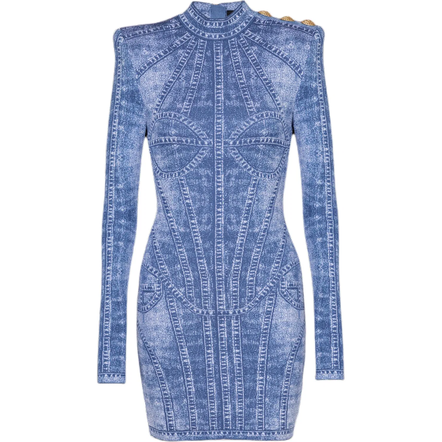 Платье с джинсовым эффектом, джаккардовое трикотажное, BALMAIN, Blue