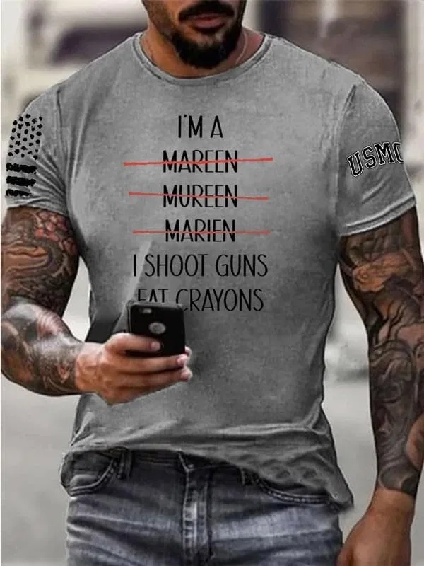 Мужская футболка с принтом I'm A Marine I Shoot Guns Eat Crayons, серый — фото 2
