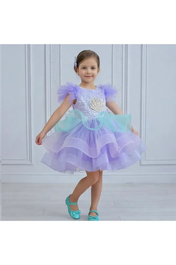 Детское платье для девочек с принтом lilac sea concept figure embroidered double shoulder fluffy Ellussi, Multicolor