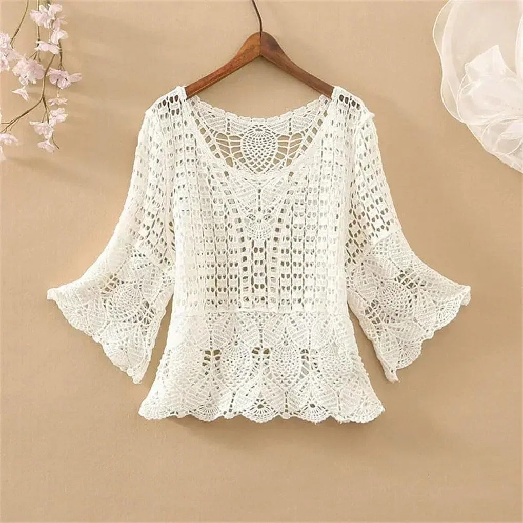 Женская свободная футболка с кружевными рукавами, White — фото 3