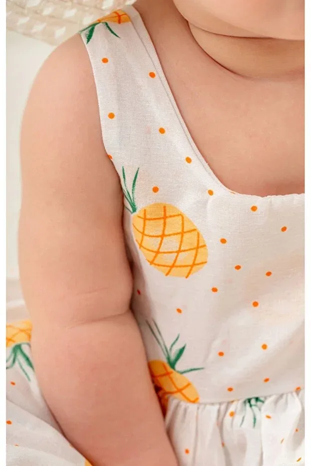 Детское платье для девочек с принтом Pineapple Patterned Summer Hat Dress Set Kidsmom Store, White — фото 4
