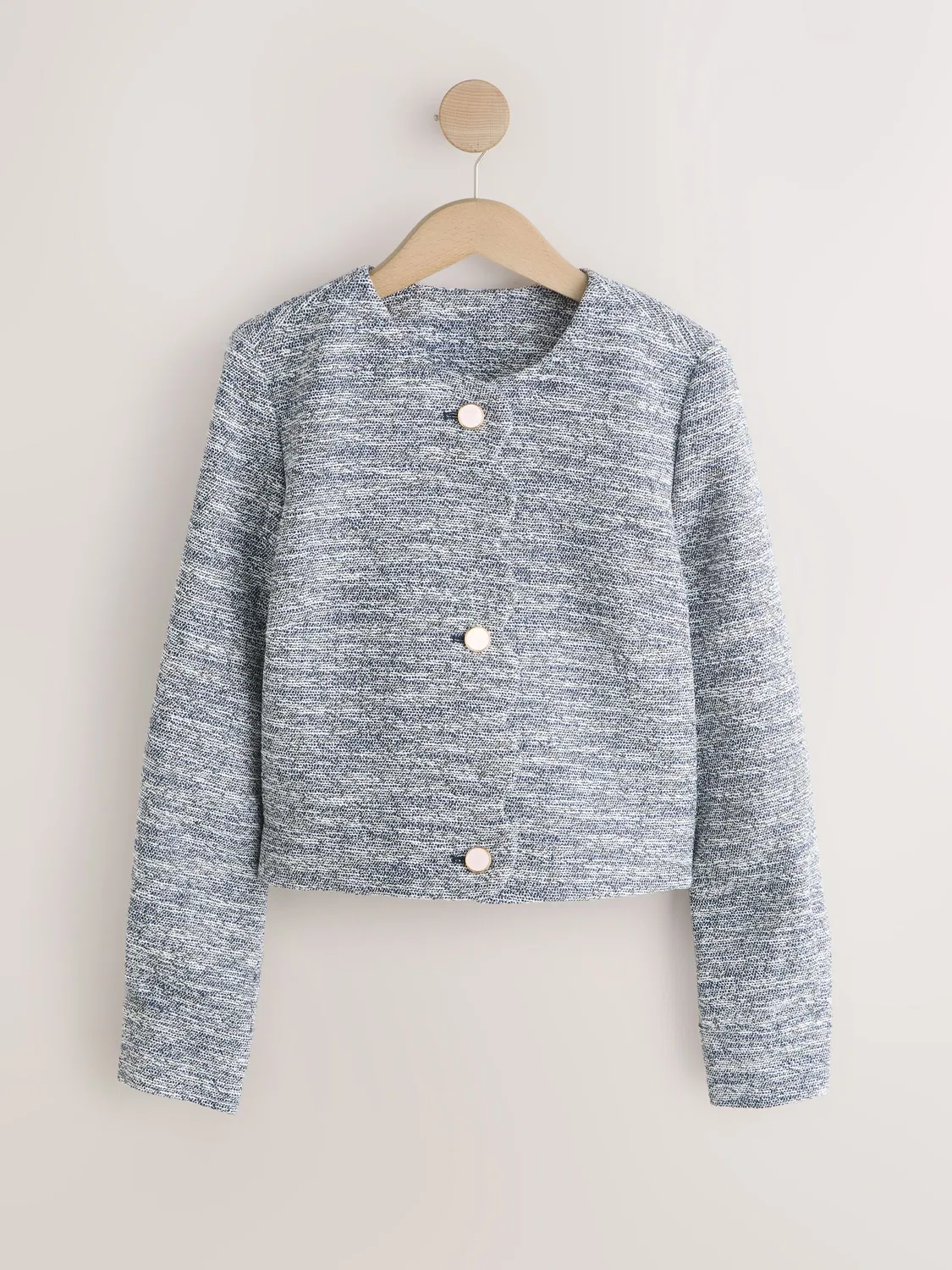 Жакет колорлесс из букле, модель Blue Marl Boucle Scallop Collarless Next, голубой — фото 4