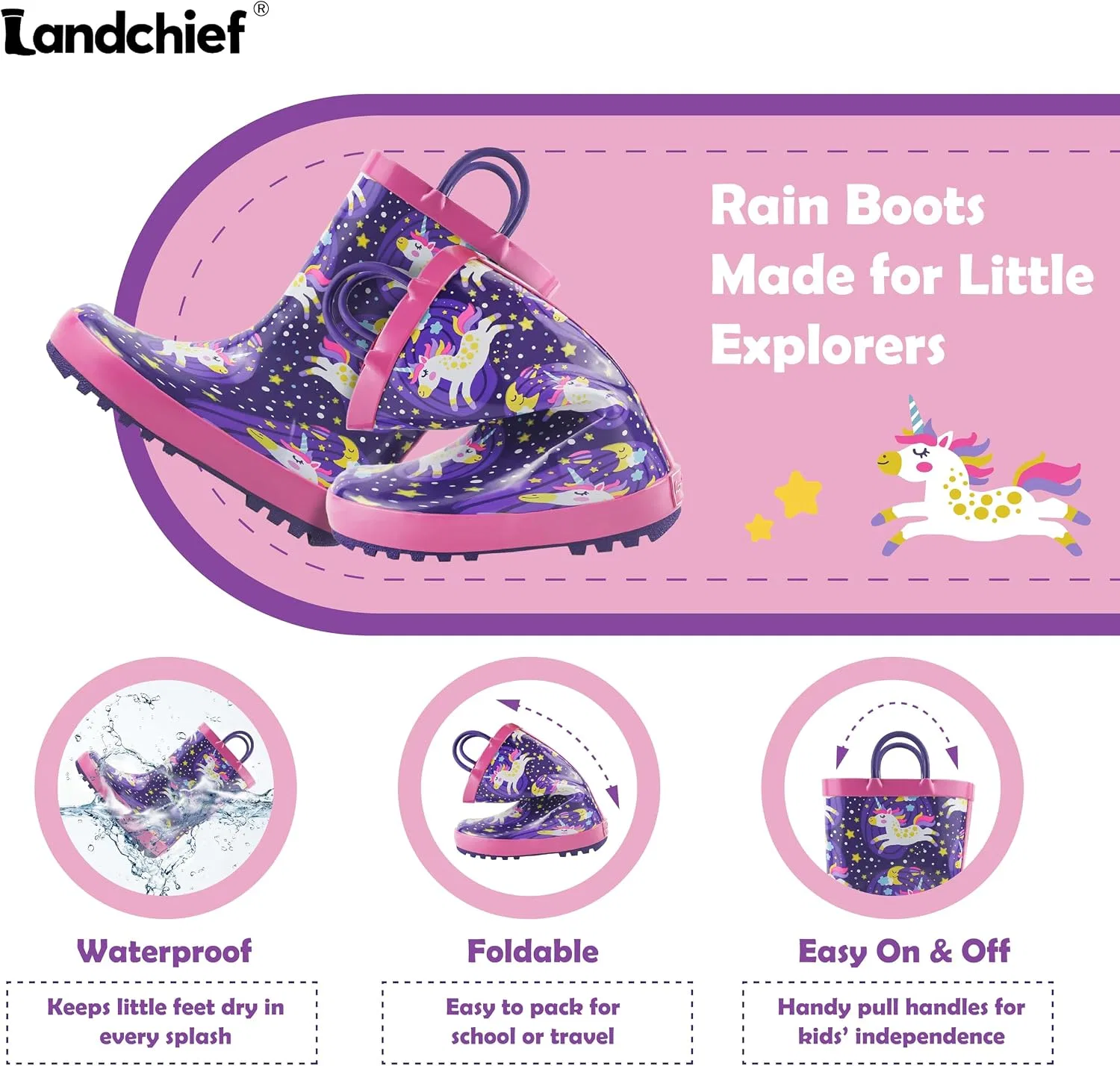 Детские резиновые сапоги для девочек и мальчиков с принтом landchief, Starry Unicorns — фото 3