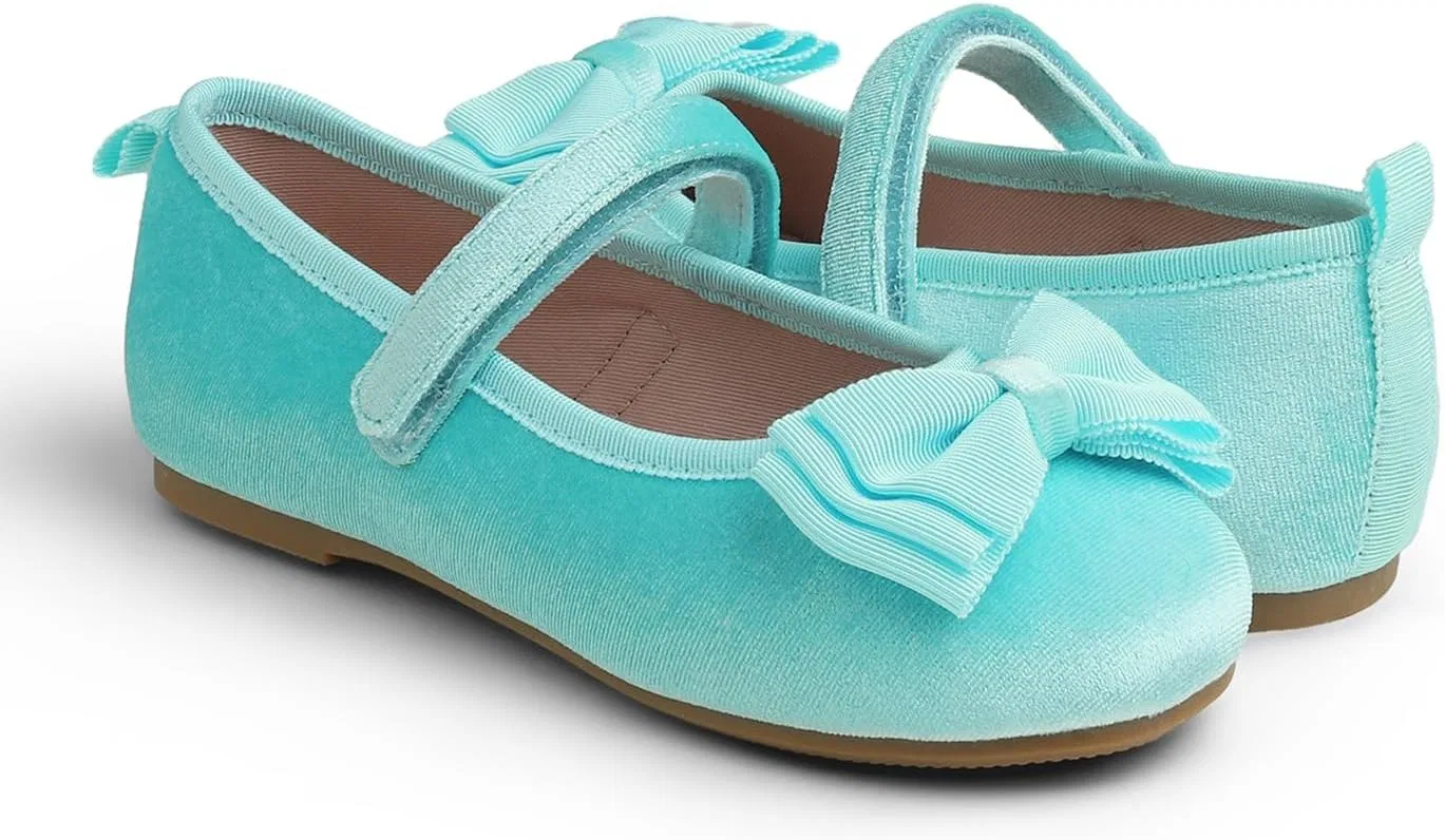 Детские балетки для девочек с бантом FEVERSOLE, Sky Blue Velvet Tri-Bow Maryjane — фото 4
