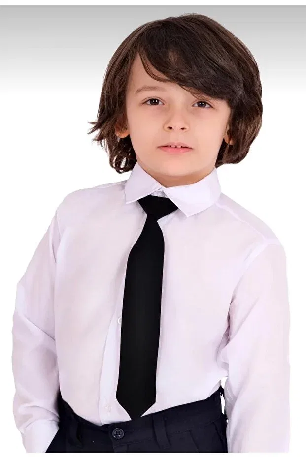 Детская рубашка для мальчиков однотонная с галстуком Generic Brands, White-Black — фото 3