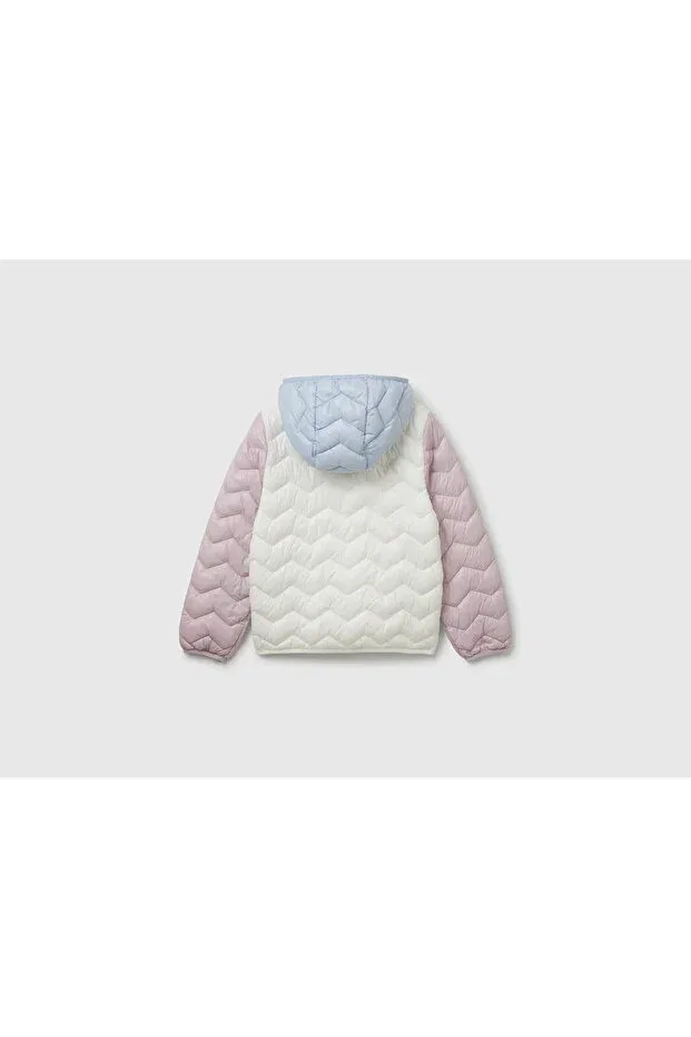 Детское пальто для девочек с капюшоном United Colors Of Benetton, Ecru - Lilac — фото 2