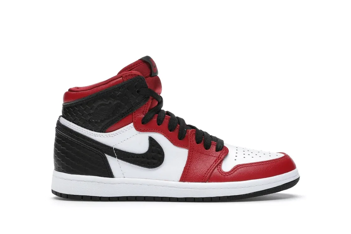 Детские кроссовки Lifestyle с принтом Jordan 1 Retro High Satin Snake Chicago Jordan, Gym Red/White-Black