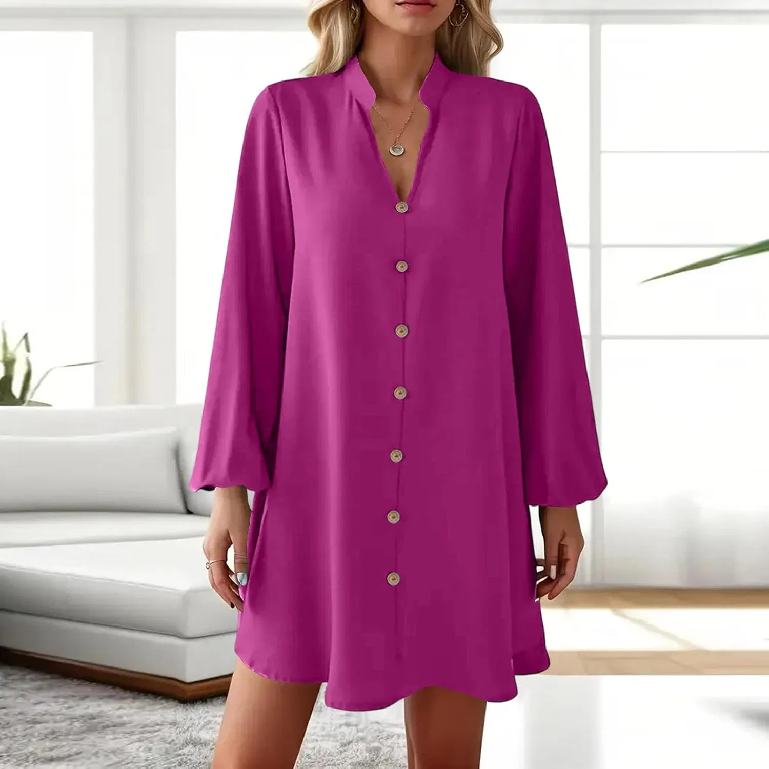 Женское платье-свитер с пуговицами и отложным воротником, Hot Pink — фото 3