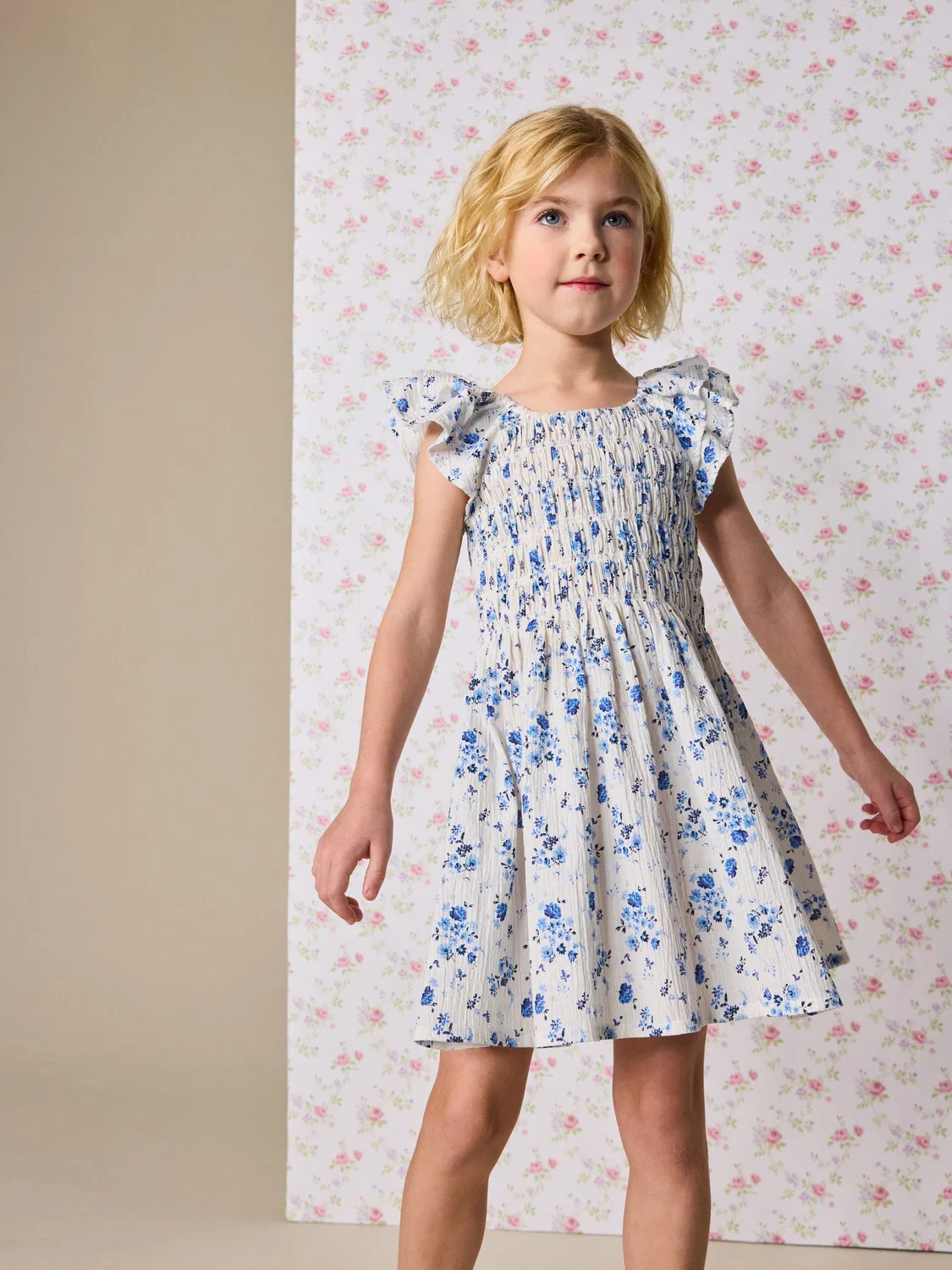 Платье с цветочным принтом, Smocked Frill Sleeve Next, Blue Floral