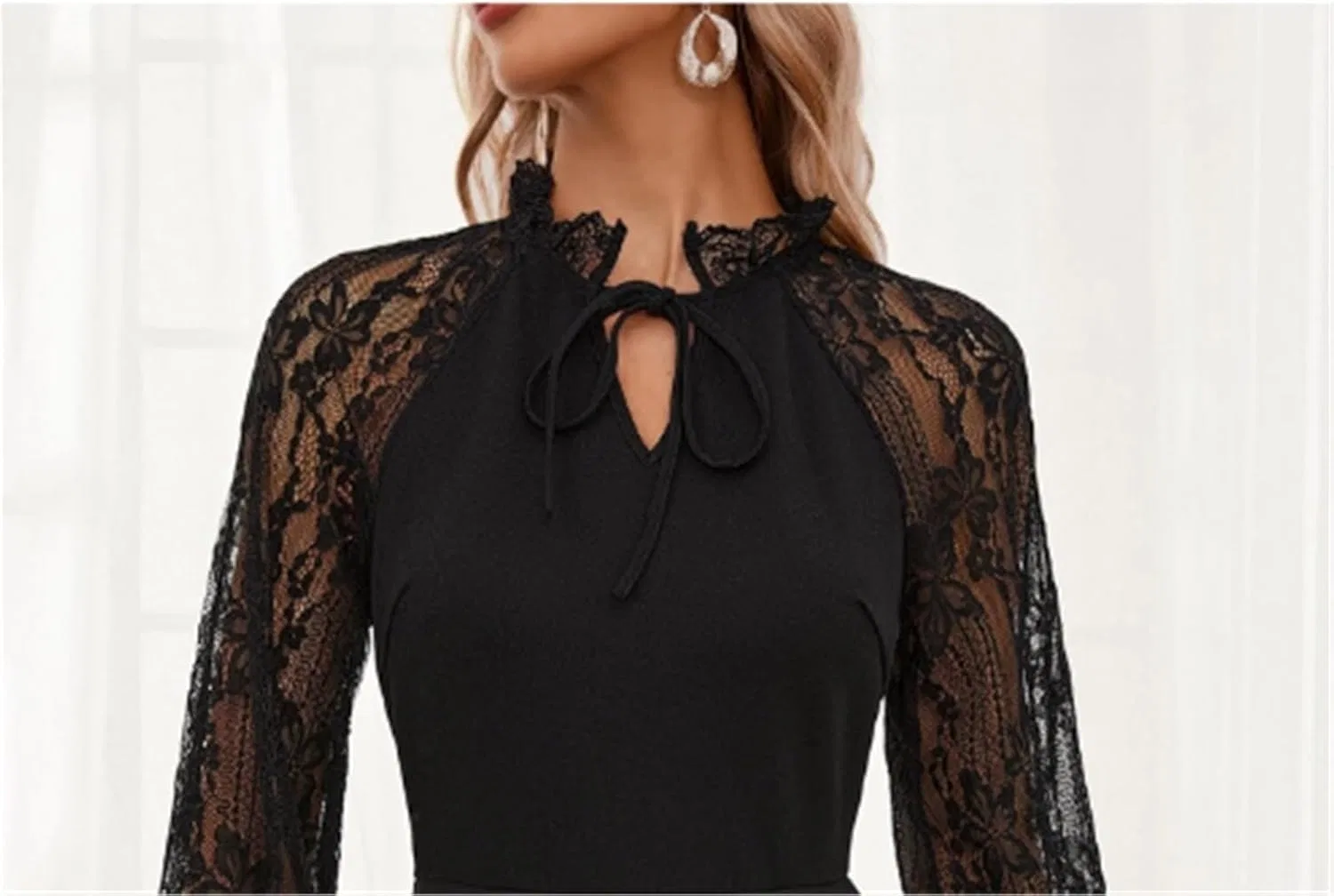 Женское коктейльное платье с кружевными рукавами A-силуэта, Black — фото 4