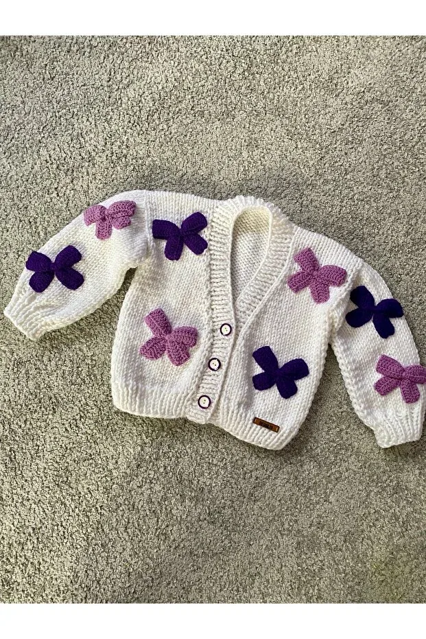 Детский вязаное кардиган для девочек с бантом Hand knitted bow detailed girl's Nevalin, White — фото 3