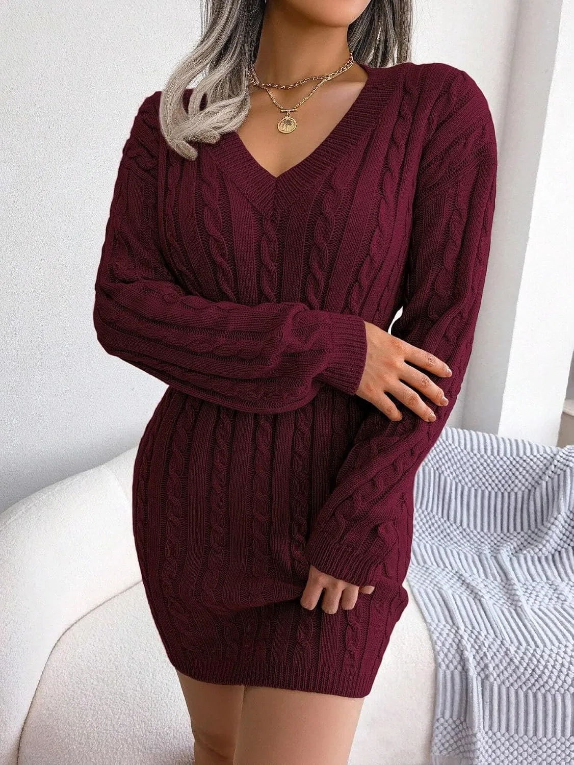 Женское платье-свитер с кабельной вязкой Drop Shoulder, Burgundy — фото 4