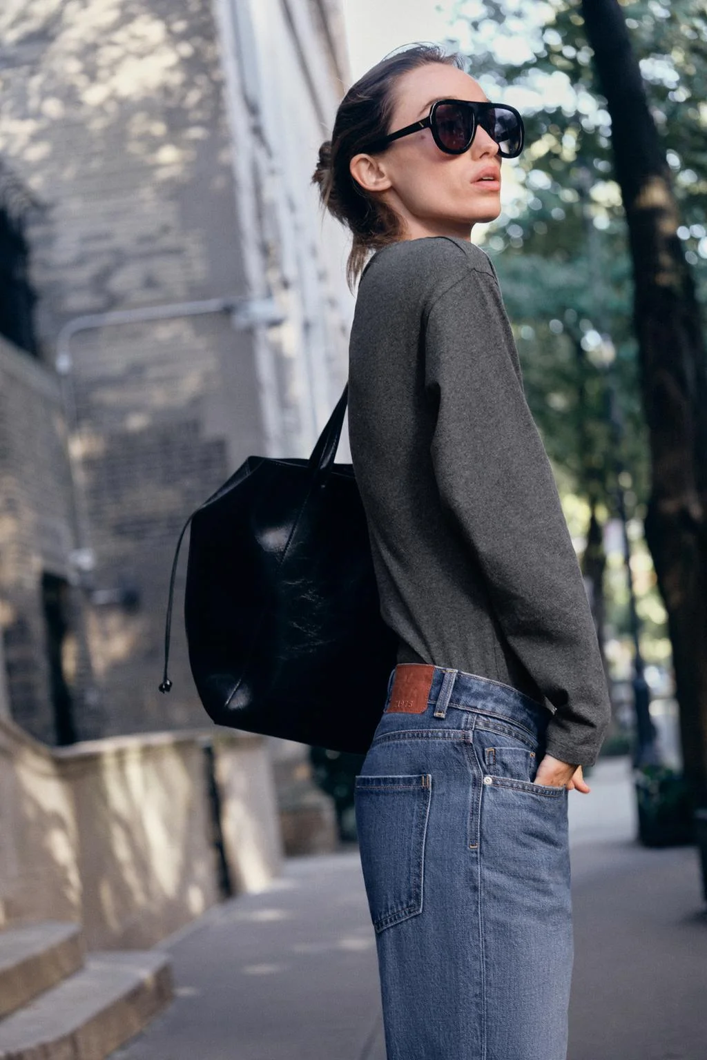 Лонгслив Zara с вырезом лодочка, серый меланж — фото 3