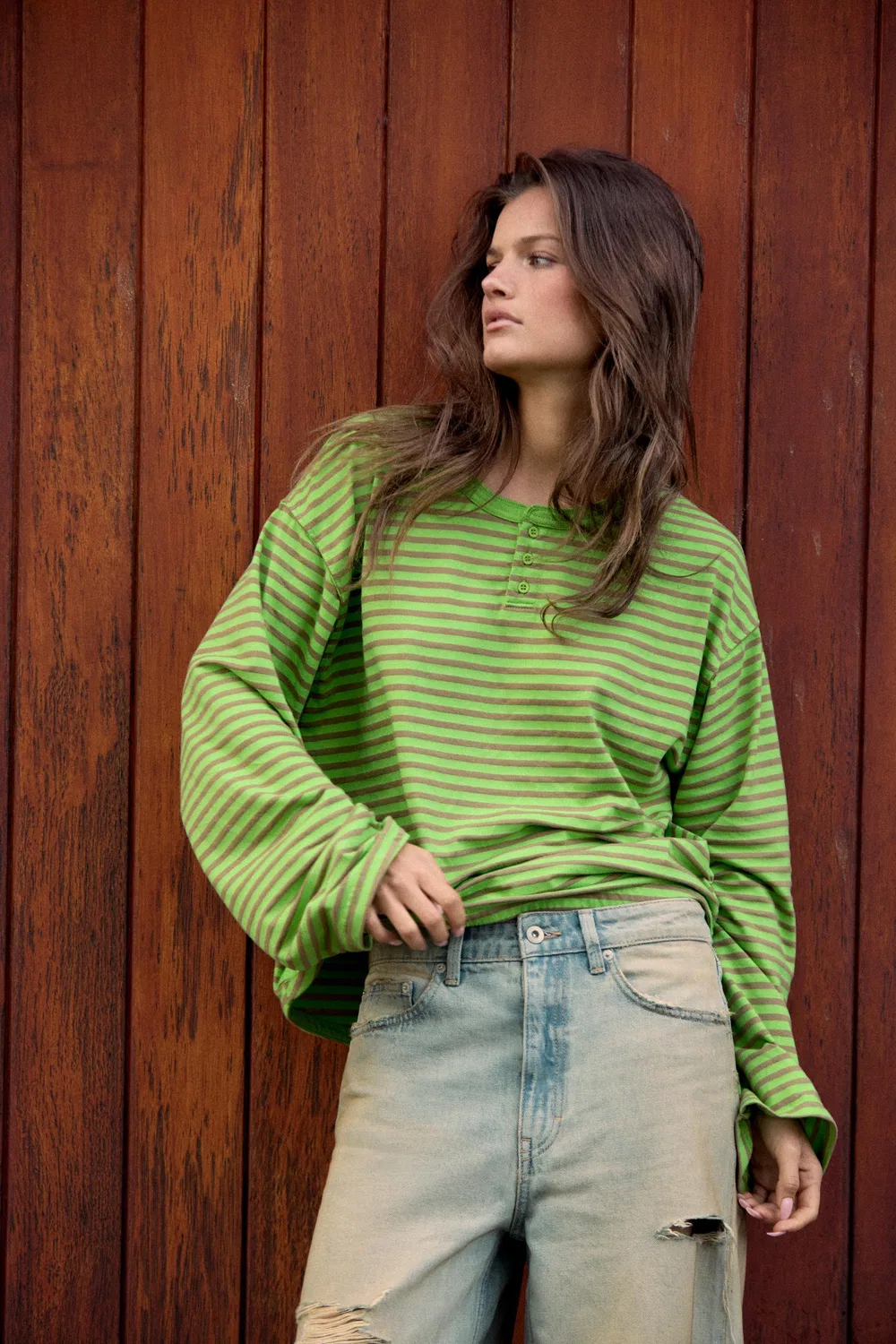 Полосатая футболка с длинными рукавами ZARA, Green — фото 2