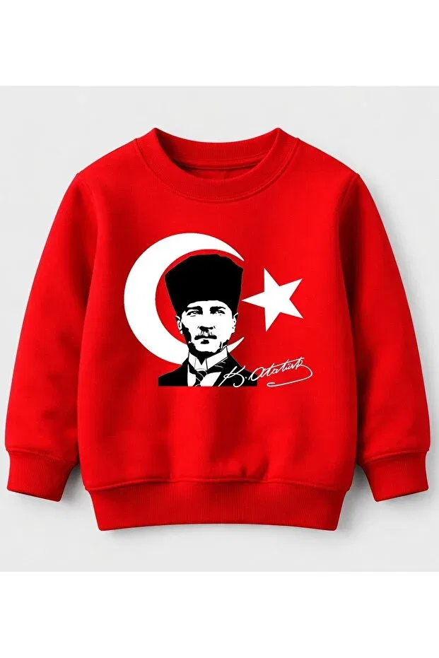 Детские свитшот для девочек с принтом Atatürk And Flag Prints, Signed, May 19 Efendioğlu Design, Red — фото 3