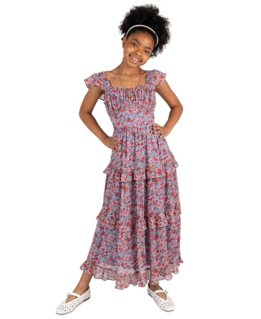 Платье-макси из шифона с люрексом и принтом Floral Lurex Chiffon Rare Editions, Dusty Blue