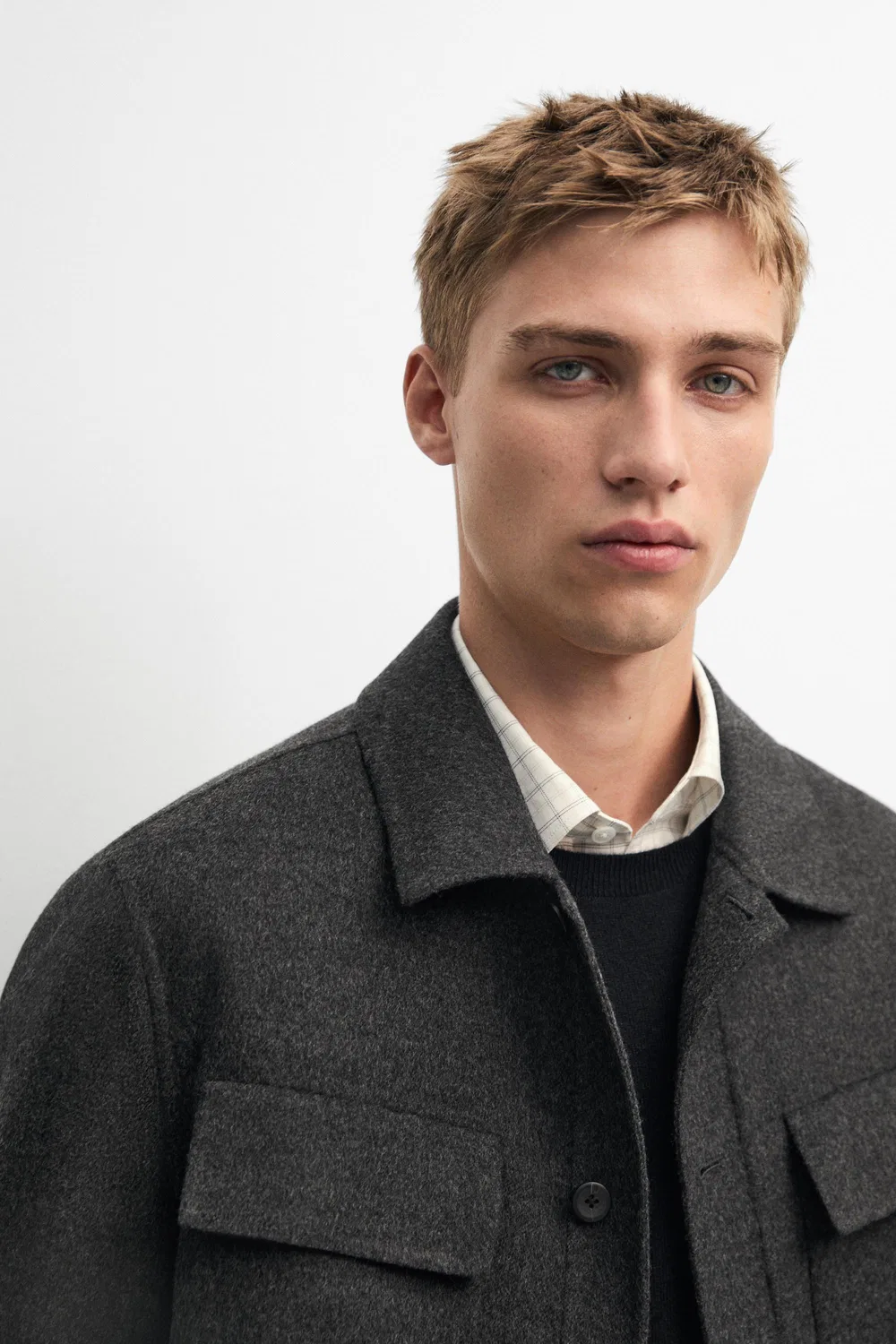 Рубашка-куртка Massimo Dutti, мужская, из смесовой шерсти с карманами, угольный — фото 4