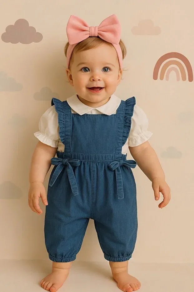 Детский комбинезон джинсовый с коротким рукавом Shirted Denim Overalls Baby Girl Combination Set Balbadem Baby Kids, Jeans