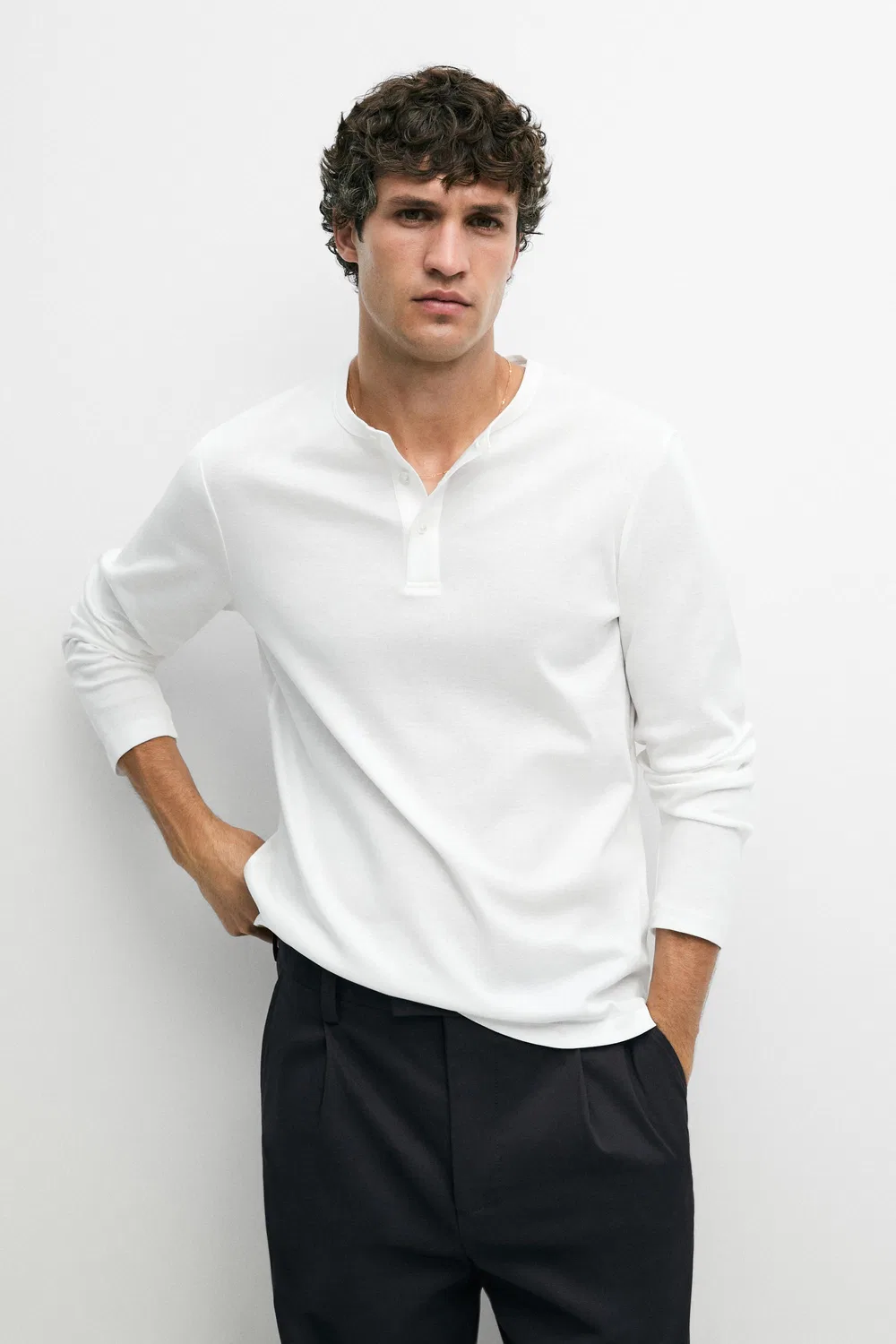Футболка-Поло с длинными рукавами Massimo Dutti, 100% хлопок, белый — фото 2