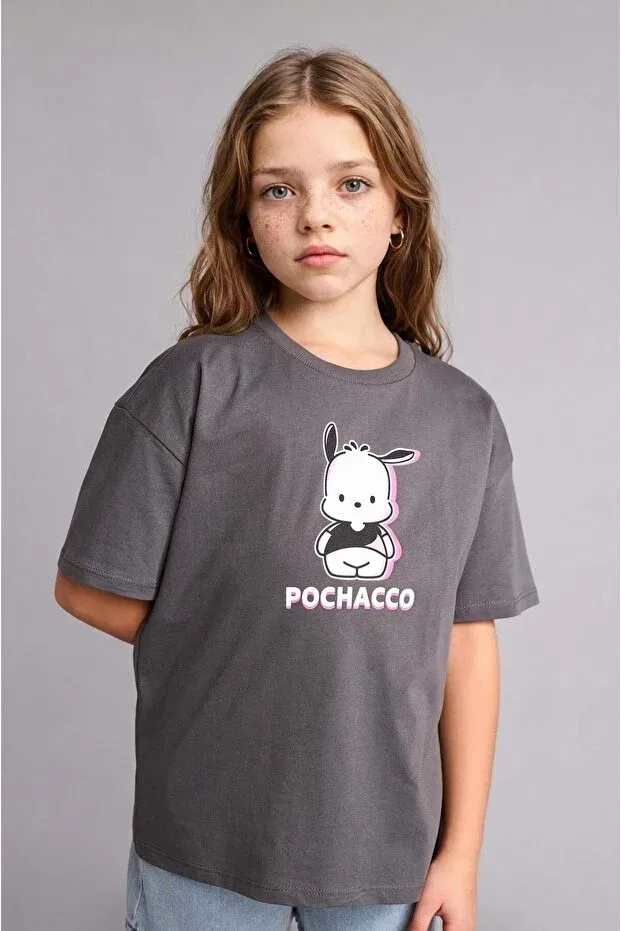 Детская футболка для девочек оверсайз с принтом Pochacco Defacto, Anthracite-Ar58 — фото 3
