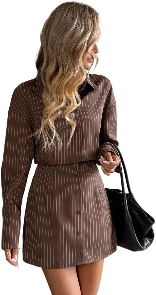 Женское повседневное платье-рубашка с поясом, длинным рукавом, Chocolate Brown — фото 2