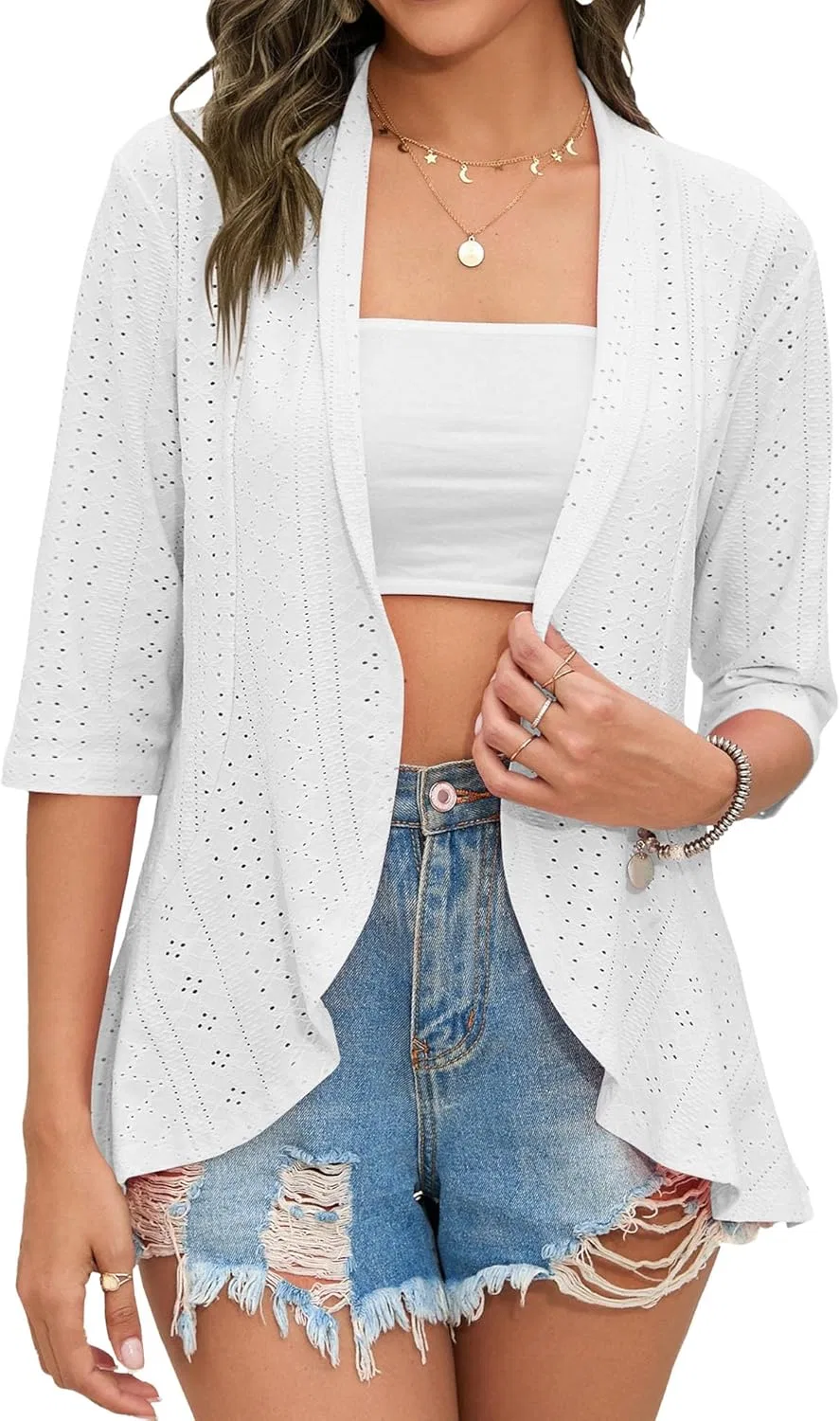 Женский ажурный кардиган с открытым передом, White