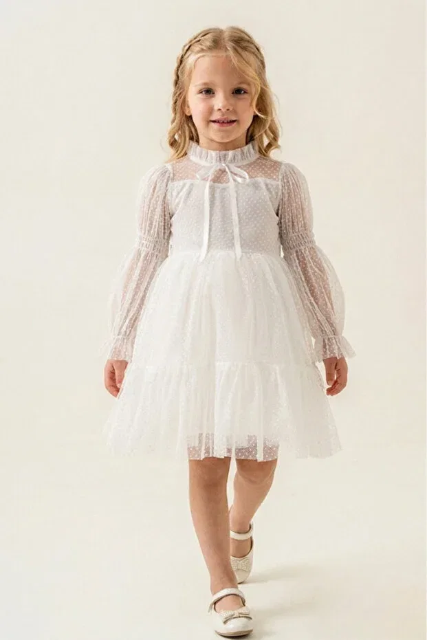 Детское вечернее платье для девочек с длинным рукавом Modest Eray Kids, White — фото 3