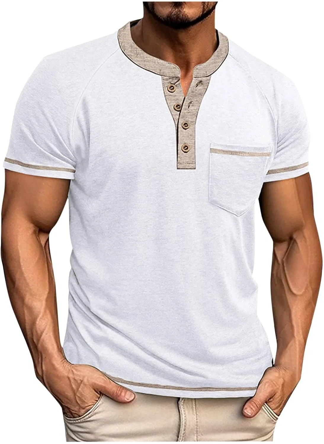 Мужская повседневная футболка поло с карманом Button Tee Shirts, White — фото 2