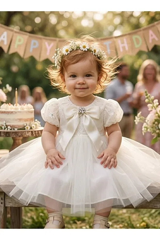 Детское платье для девочек с коротким рукавом-рюш Big Satin Bow Birthday Dress Wedding Evening Dress Princess Model Sweetme, Ecru