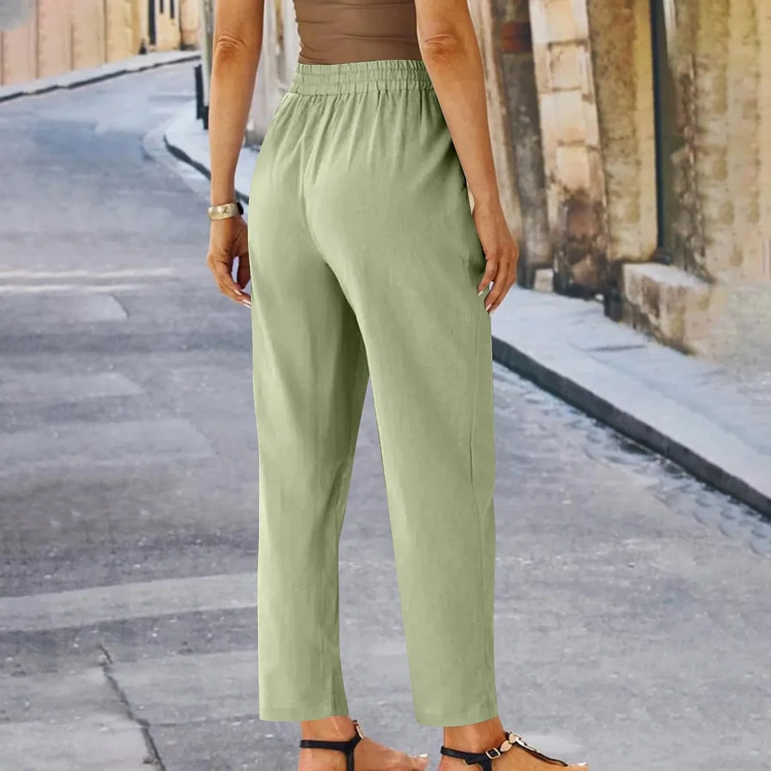 Брюки прямого кроя из льна с эластичным поясом, Cotton Linen, Green — фото 3