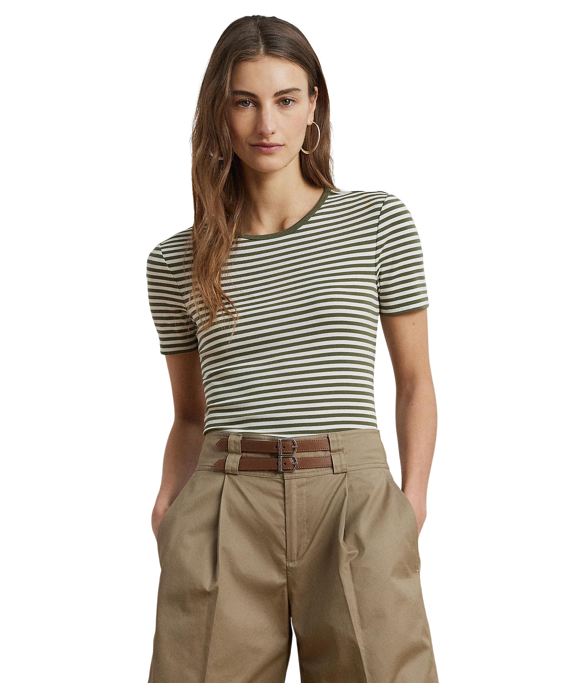 

Футболка Lauren Ralph Lauren Striped Stretch Cotton Crewneck Tee, Olive Grove/Mascarpone CreamSee Less