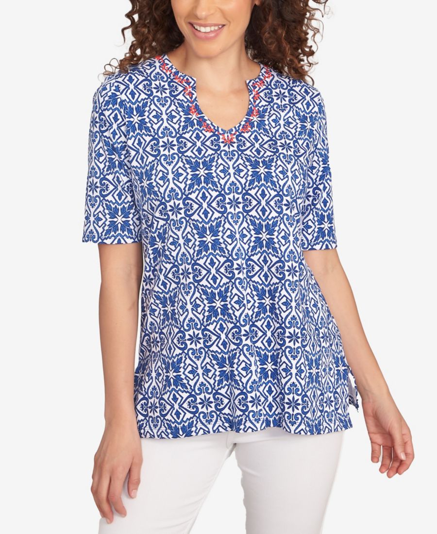 

Украшенный вязаный топ Petite Pacific Medallions Ruby Rd, Blue multi