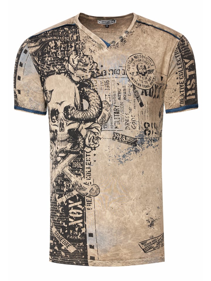 

Футболка с V-образным вырезом, принтом Череп и змея по всей поверхности и замшевыми деталями оливкового цвета Rusty Neal, Зеленый, Футболка с V-образным вырезом, принтом Череп и змея по всей поверхности и замшевыми деталями оливкового цвета Rusty Neal