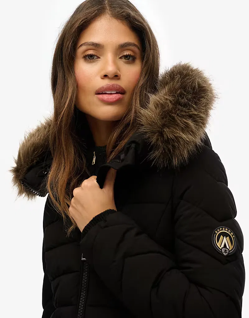 Пальто средней длины Superdry Fuji из искусственного меха с капюшоном, черный — фото 4
