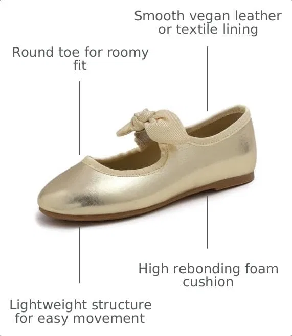 Детские туфли для девочек с пряжкой FEVERSOLE, Vegan Leather Bow Elastic Maryjane Gold — фото 3