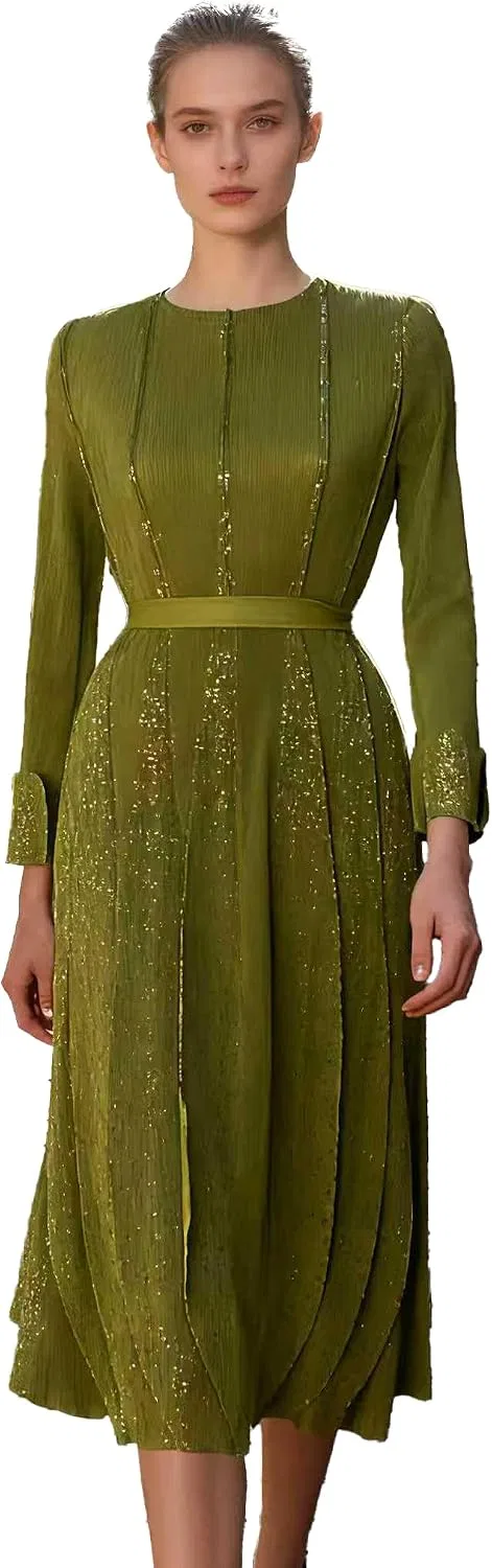 Женское плиссированное платье с золотым тиснением, Light Green