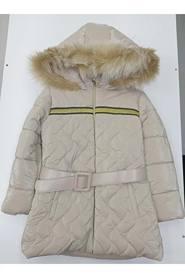 Детское пальто для девочек с капюшоном Silvery Striped Coat Başak Çocuk Giyim, Cream